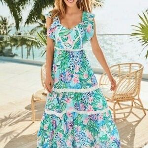Lilly Pulitzer Vibrant Blue and Pink Maxi Dress Ivie Kitten Around sz 4
